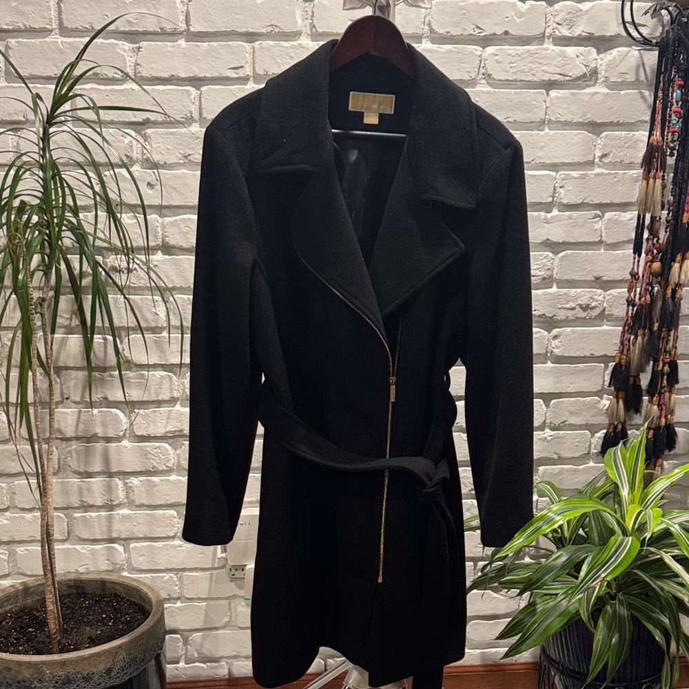 Michael Kors Black Wool Blend Belted Coat with Gold Zipper